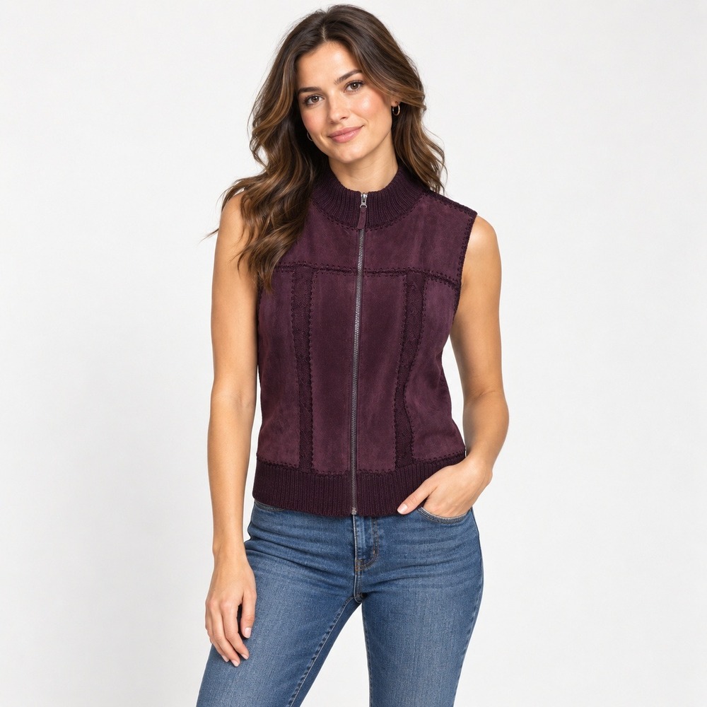 Designer Studio Plum Burgundy Genuine Suede Front Knit Vest Large Zip Mock Neck